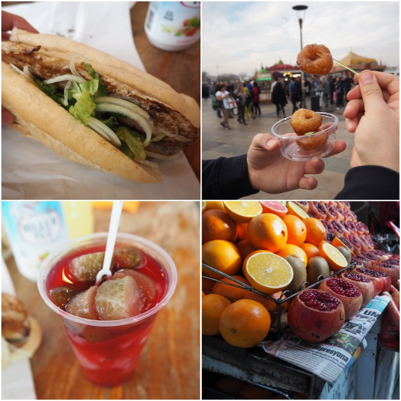 1. Balik Ekmek 2. Koblížky v cukrovém rozvaru 3. Nakládaná zeenina k Balik Ekmeku 4. Granátová jablka připravená na fresh